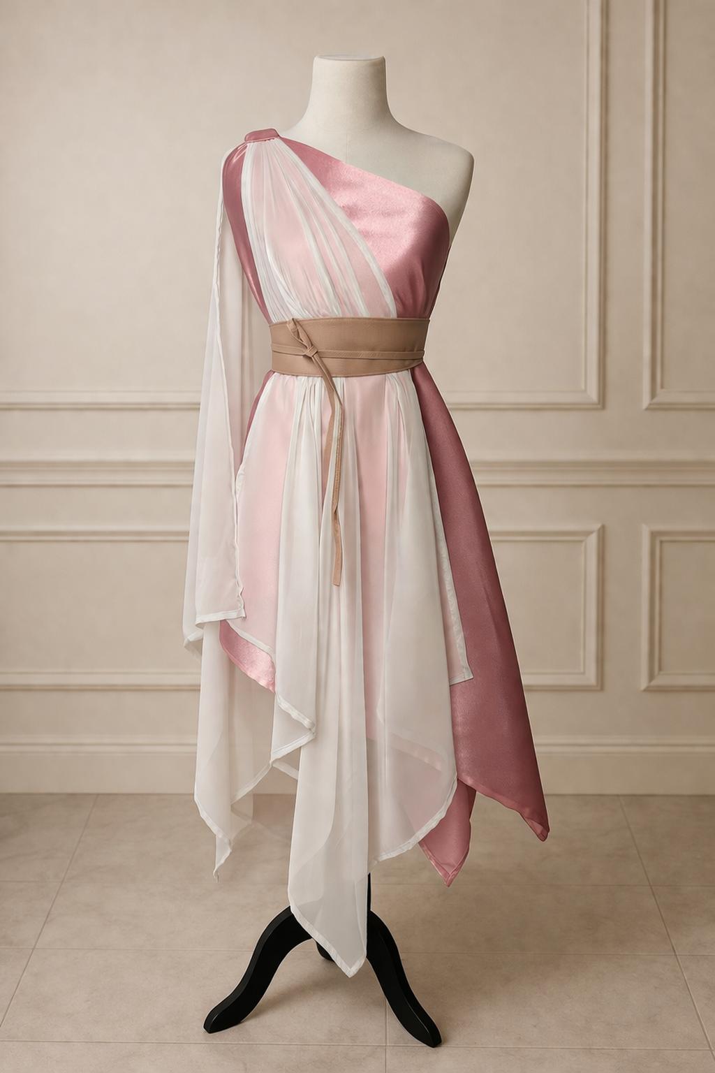 Pink and One Shoulder Worship Dress with Belt