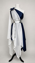 Navy and White One-Shoulder Dance Dress with Silver Belt