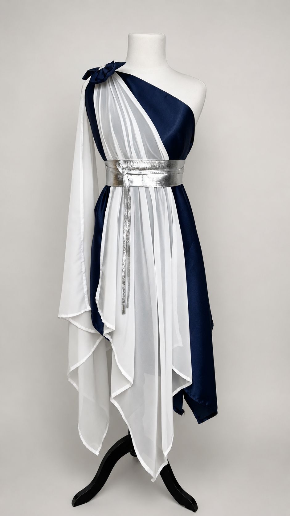 Navy and White One-Shoulder Dance Dress with Silver Belt
